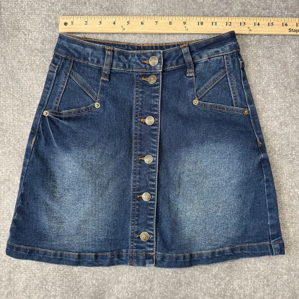 FRYE Skirt Womens 2 Blue Denim Button Front A-Line Pockets Stretch Jean Casual